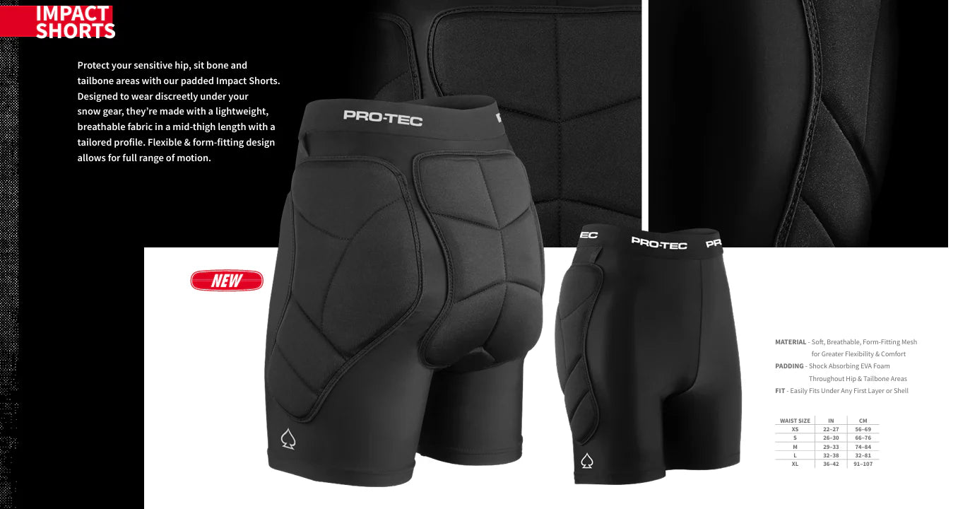 Black protective impact shorts with 'Protec' branding on a black background