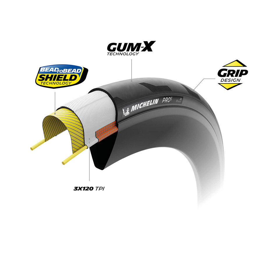 Michelin, PRO5 TLR, Road Tire, 700x28C, Folding, Tubeless Ready, GUM-X, Bead2Bead, 3x120, Black